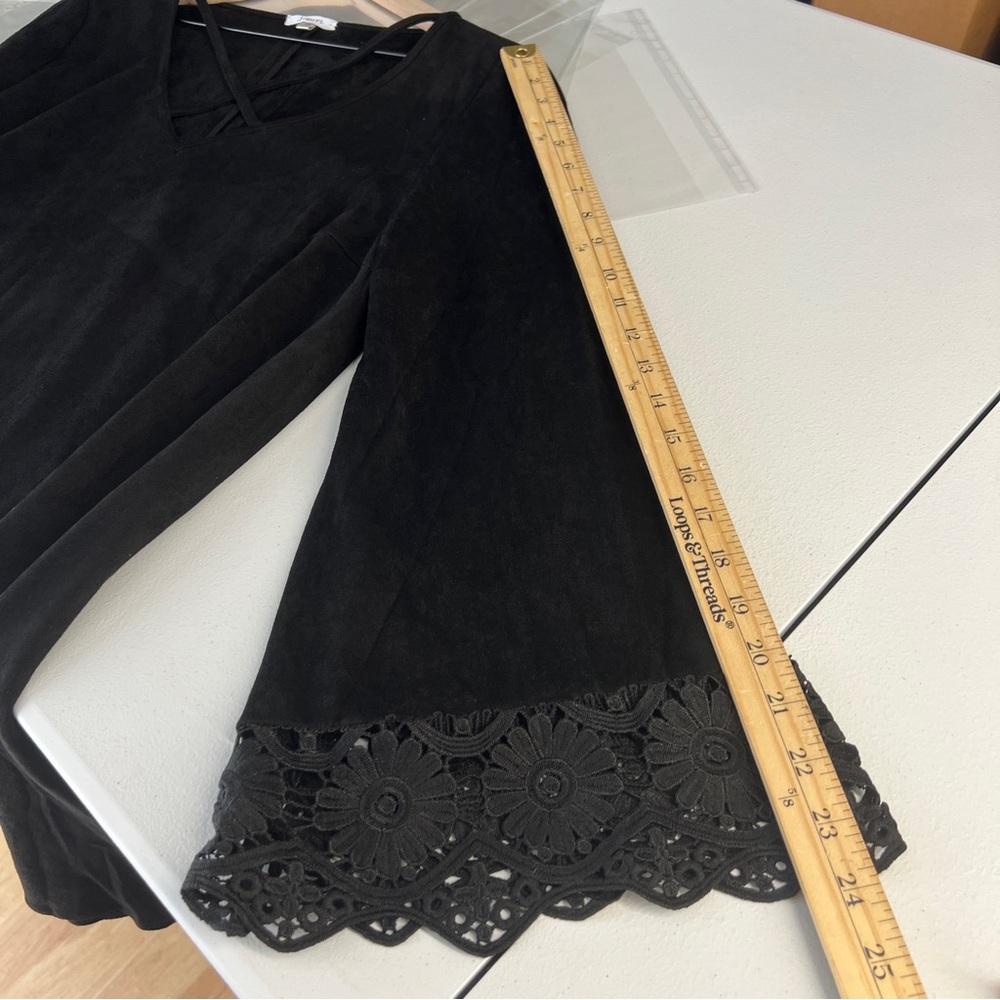JODIFL Black Faux Suede Crisscross V-Neck Lace‎ Trim Flare Sleeve Dress M - Picture 12 of 12